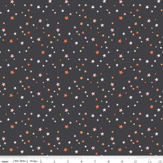Image of the Hey Pumpkin Stars Charcoal quilting cotton fabric by Riley Blake Designs. Features stars on a black background. Cute Little Fabric Shop