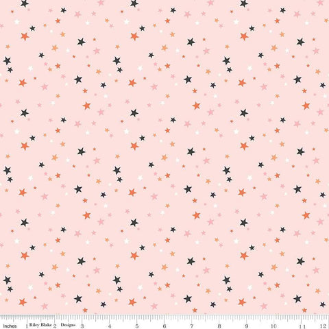 Image of the Hey Pumpkin Stars Blush quilting cotton fabric by Riley Blake Designs. Features stars on a black background. Cute Little Fabric Shop