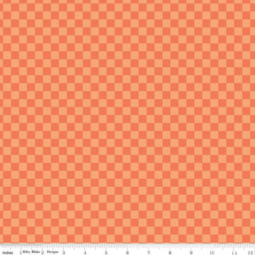 Image of the Hey Pumpkin Checks Orange quilting cotton fabric by Riley Blake Designs. Features checks on an orange background. Cute Little Fabric Shop