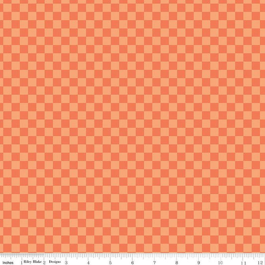 Image of the Hey Pumpkin Checks Orange quilting cotton fabric by Riley Blake Designs. Features checks on an orange background. Cute Little Fabric Shop
