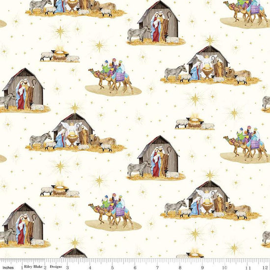Image of the Come Let Us Adore Him Main Cloud quilting cotton fabric. Features nativity scenes on a cream background. Cute Little Fabric Shop