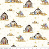 Image of the Come Let Us Adore Him Main Cloud quilting cotton fabric. Features nativity scenes on a cream background. Cute Little Fabric Shop