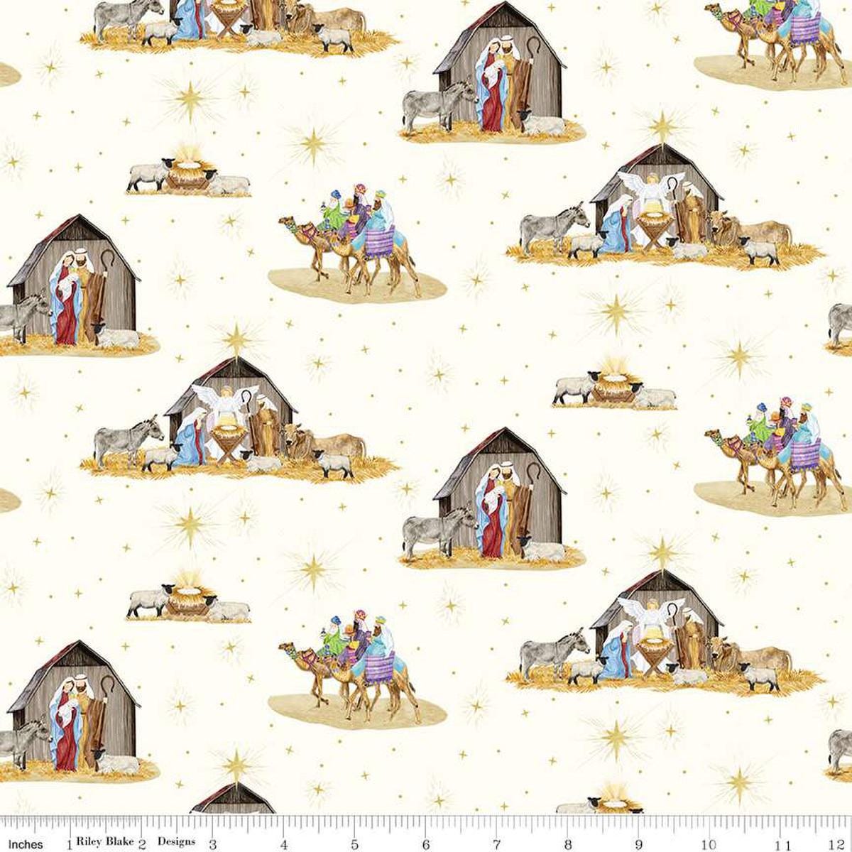 Image of the Come Let Us Adore Him Main Cloud quilting cotton fabric. Features nativity scenes on a cream background. Cute Little Fabric Shop