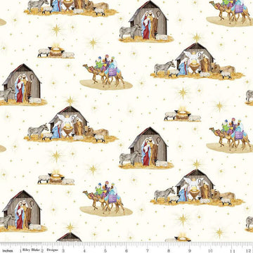 Image of the Come Let Us Adore Him Main Cloud quilting cotton fabric. Features nativity scenes on a cream background. Cute Little Fabric Shop