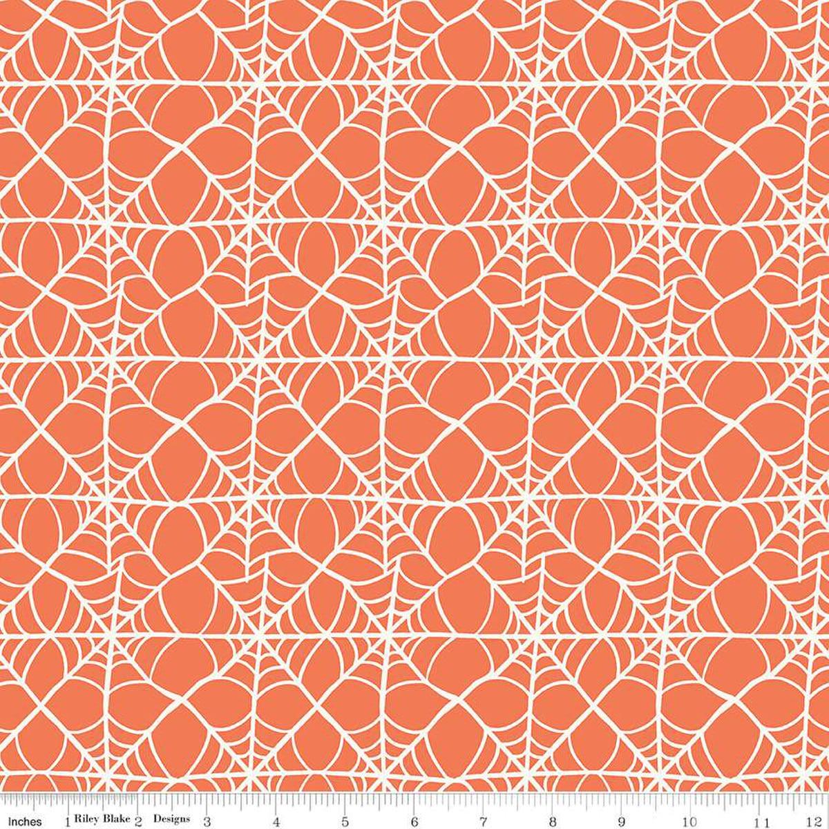 Image of the Hey Pumpkin Webs Orange quilting cotton fabric by Riley Blake Designs. Features webs on an orange background. Cute Little Fabric Shop