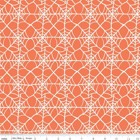 Image of the Hey Pumpkin Webs Orange quilting cotton fabric by Riley Blake Designs. Features webs on an orange background. Cute Little Fabric Shop