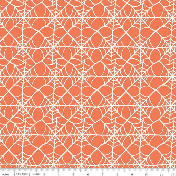 Image of the Hey Pumpkin Webs Orange quilting cotton fabric by Riley Blake Designs. Features webs on an orange background. Cute Little Fabric Shop