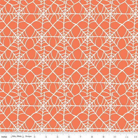 Image of the Hey Pumpkin Webs Orange quilting cotton fabric by Riley Blake Designs. Features webs on an orange background. Cute Little Fabric Shop