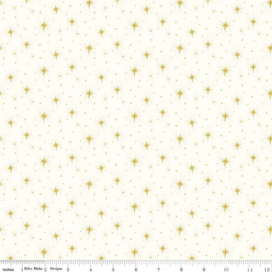 Image of the Come Let Us Adore Him Stars Cloud quilting cotton fabric. Features stars on a cream background. Cute Little Fabric Shop