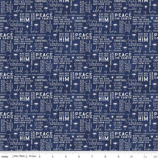 Image of the Come Let Us Adore Him Text Navy quilting cotton fabric. Features words on a blue background. Cute Little Fabric Shop
