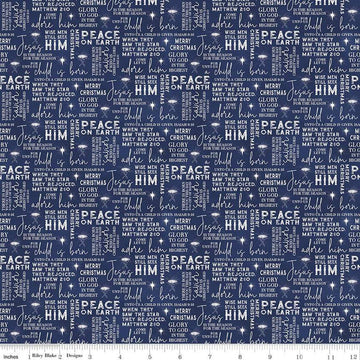 Image of the Come Let Us Adore Him Text Navy quilting cotton fabric. Features words on a blue background. Cute Little Fabric Shop