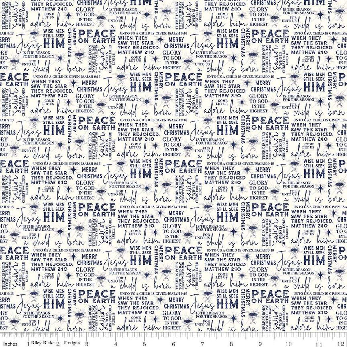Image of the Come Let Us Adore Him Text Cloud quilting cotton fabric. Features words on a cream background. Cute Little Fabric Shop