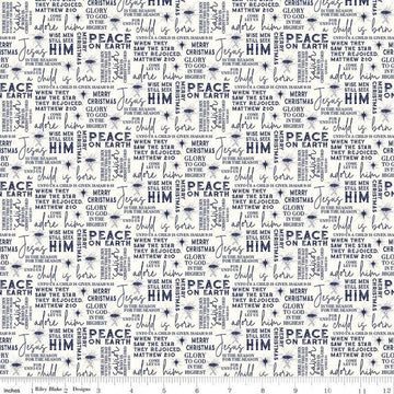 Image of the Come Let Us Adore Him Text Cloud quilting cotton fabric. Features words on a cream background. Cute Little Fabric Shop