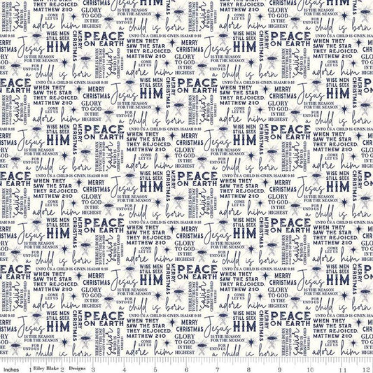 Image of the Come Let Us Adore Him Text Cloud quilting cotton fabric. Features words on a cream background. Cute Little Fabric Shop