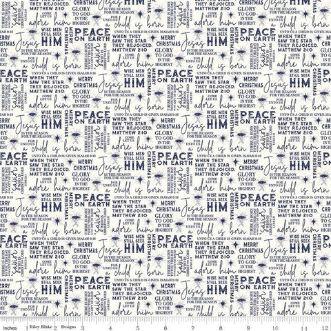 Image of the Come Let Us Adore Him Text Cloud quilting cotton fabric. Features words on a cream background. Cute Little Fabric Shop