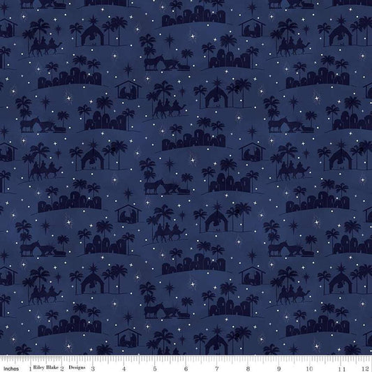 Image of the Come Let Us Adore Him Silhouettes Navy quilting cotton fabric. Features nativity on a blue background. Cute Little Fabric Shop