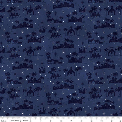 Image of the Come Let Us Adore Him Silhouettes Navy quilting cotton fabric. Features nativity on a blue background. Cute Little Fabric Shop