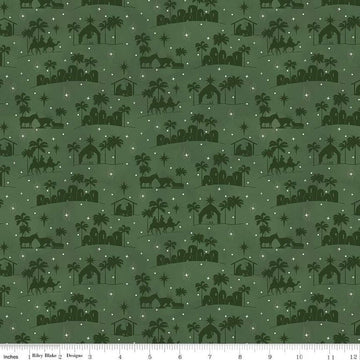 Image of the Come Let Us Adore Him Silhouettes Green quilting cotton fabric. Features nativity on a green background. Cute Little Fabric Shop