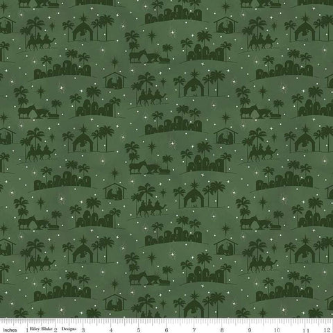 Image of the Come Let Us Adore Him Silhouettes Green quilting cotton fabric. Features nativity on a green background. Cute Little Fabric Shop