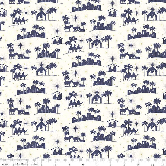 Image of the Come Let Us Adore Him Silhouettes Cloud quilting cotton fabric. Features nativity on a cloud background. Cute Little Fabric Shop