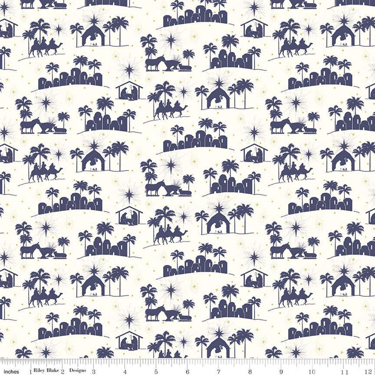 Image of the Come Let Us Adore Him Silhouettes Cloud quilting cotton fabric. Features nativity on a cloud background. Cute Little Fabric Shop