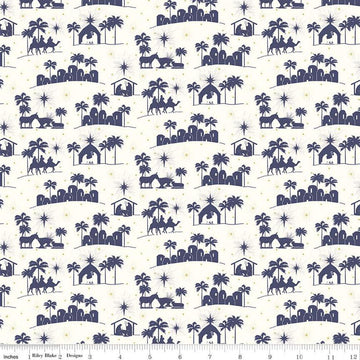 Image of the Come Let Us Adore Him Silhouettes Cloud quilting cotton fabric. Features nativity on a cloud background. Cute Little Fabric Shop