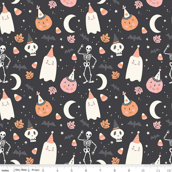 Image of the Hey Pumpkin Main Charcoal quilting cotton fabric by Riley Blake Designs. Features icons on a charcoal background. Cute Little Fabric Shop