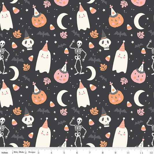 Image of the Hey Pumpkin Main Charcoal quilting cotton fabric by Riley Blake Designs. Features icons on a charcoal background. Cute Little Fabric Shop