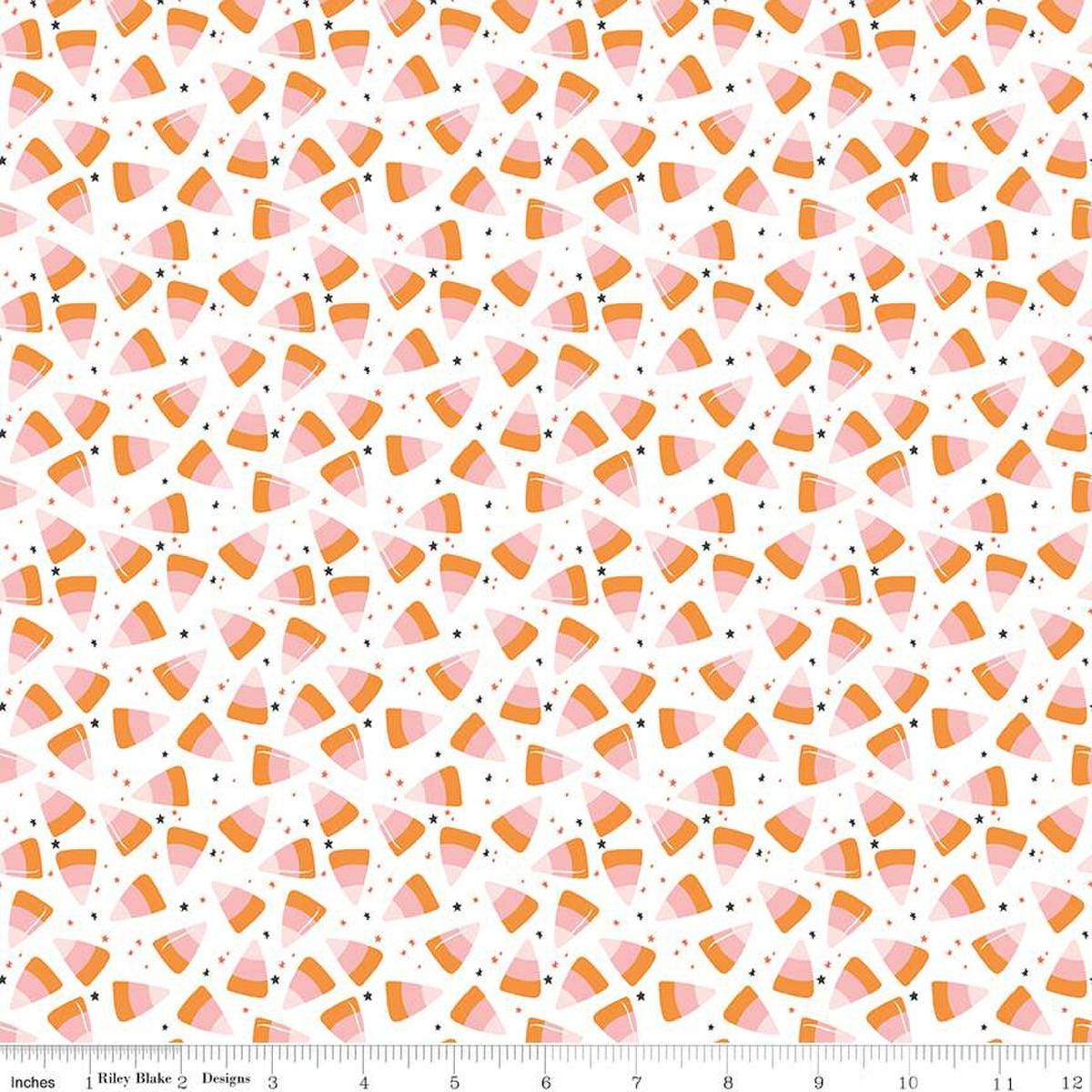 Image of the Hey Pumpkin Corn Candy White quilting cotton fabric by Riley Blake Designs. Features candy on a white background. Cute Little Fabric Shop