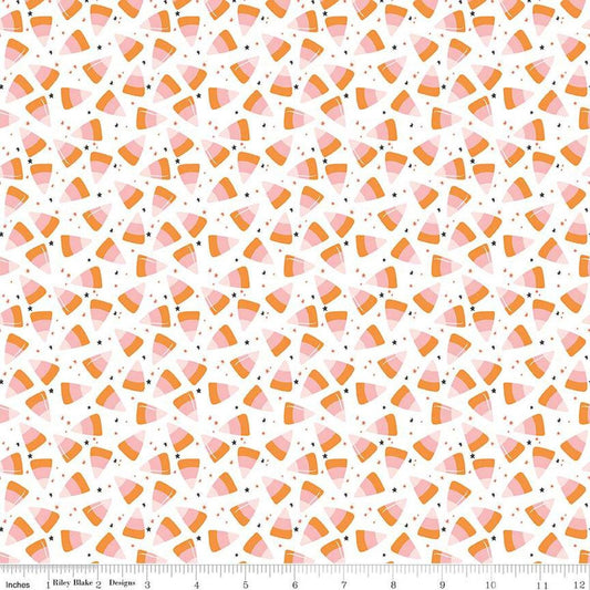 Image of the Hey Pumpkin Corn Candy White quilting cotton fabric by Riley Blake Designs. Features candy on a white background. Cute Little Fabric Shop