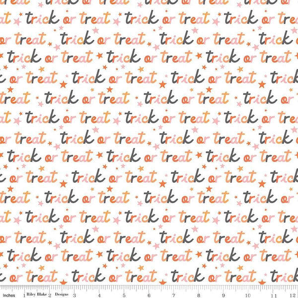 Image of the Hey Pumpkin Trick or Treat White quilting cotton fabric by Riley Blake Designs. Features text on a white background. Cute Little Fabric Shop