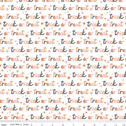 Image of the Hey Pumpkin Trick or Treat White quilting cotton fabric by Riley Blake Designs. Features text on a white background. Cute Little Fabric Shop