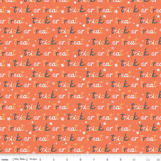 Image of the Hey Pumpkin Trick or Treat Orange quilting cotton fabric by Riley Blake Designs. Features text on an orange background. Cute Little Fabric Shop