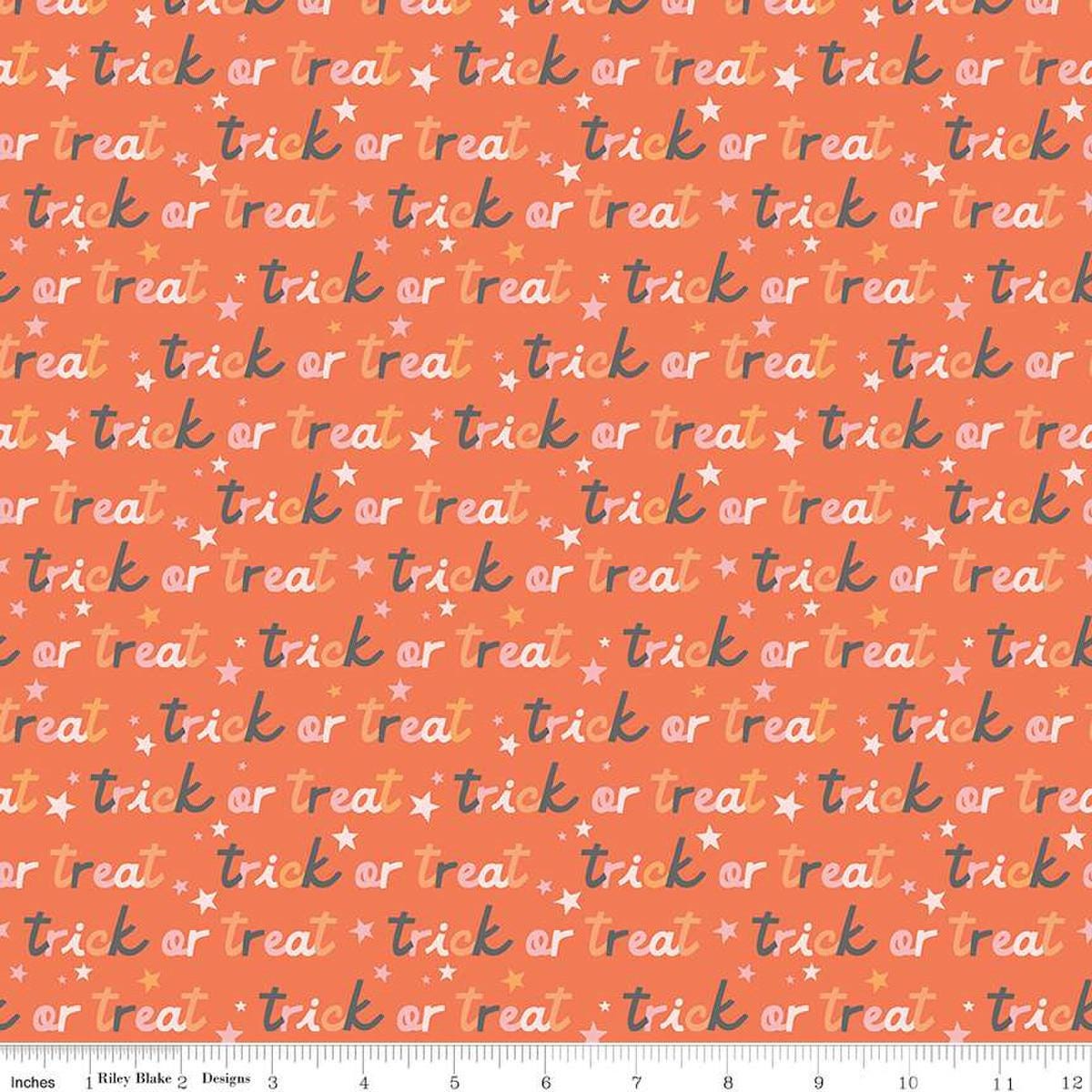 Image of the Hey Pumpkin Trick or Treat Orange quilting cotton fabric by Riley Blake Designs. Features text on an orange background. Cute Little Fabric Shop