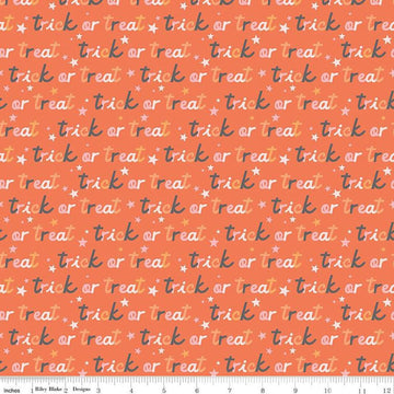 Image of the Hey Pumpkin Trick or Treat Orange quilting cotton fabric by Riley Blake Designs. Features text on an orange background. Cute Little Fabric Shop