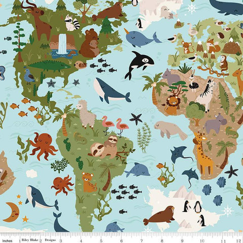 3 yard cut- SALE Created with Love Map WIDE BACK WB15977 Sky - Riley Blake Designs - Animals - 107/108" Wide - Quilting Cotton Fabric