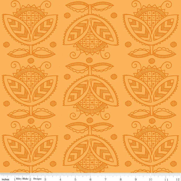 Image of the Costume Maker&#39;s Act II Thistle Orange quilting cotton fabric. Features plant on an orange background. Cute Little Fabric Shop
