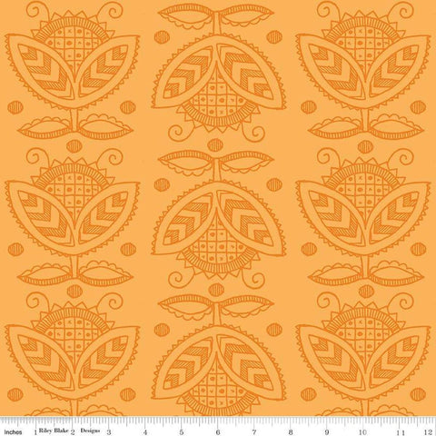 Image of the Costume Maker&#39;s Act II Thistle Orange quilting cotton fabric. Features plant on an orange background. Cute Little Fabric Shop