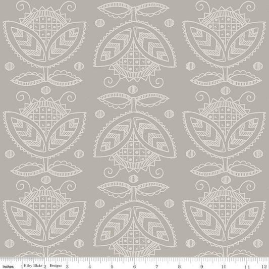 Image of the Costume Maker's Act II Thistle Gray quilting cotton fabric. Features plant on an gray background. Cute Little Fabric Shop