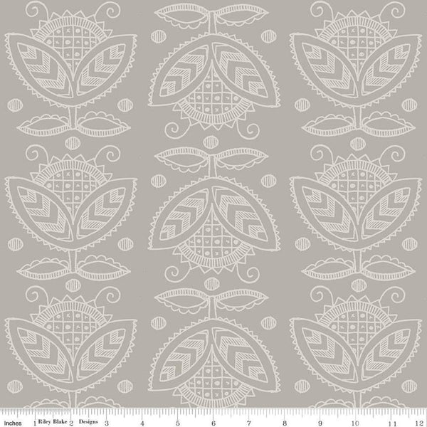 Image of the Costume Maker&#39;s Act II Thistle Gray quilting cotton fabric. Features plant on an gray background. Cute Little Fabric Shop
