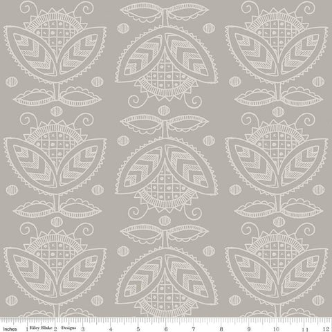 Image of the Costume Maker&#39;s Act II Thistle Gray quilting cotton fabric. Features plant on an gray background. Cute Little Fabric Shop