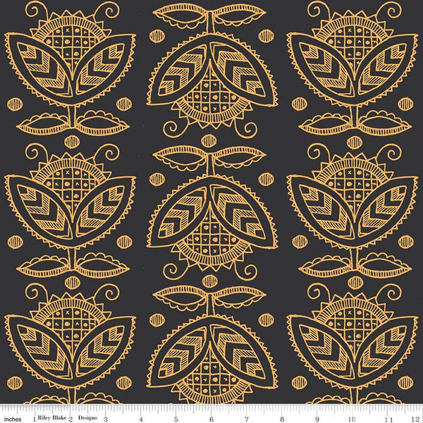 Image of the Costume Maker&#39;s Act II Thistle Black quilting cotton fabric. Features plant on an black background. Cute Little Fabric Shop