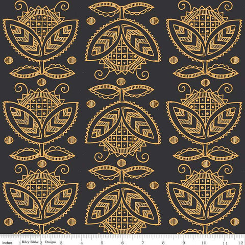 Image of the Costume Maker&#39;s Act II Thistle Black quilting cotton fabric. Features plant on an black background. Cute Little Fabric Shop