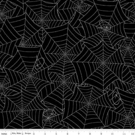 Image of the Costume Maker's Act II Web Black quilting cotton fabric. Features plant on a black background. Cute Little Fabric Shop