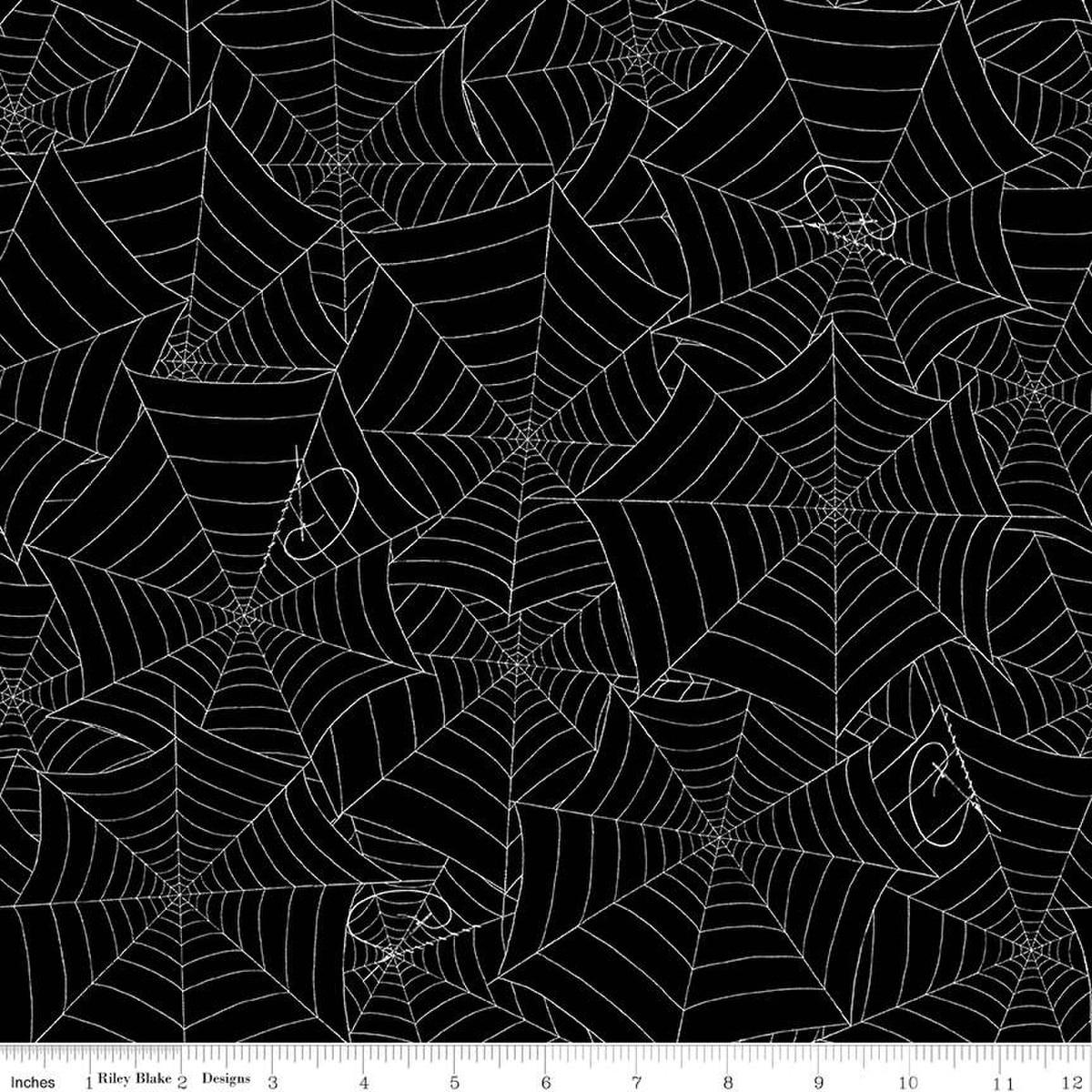 Image of the Costume Maker's Act II Web Black quilting cotton fabric. Features plant on a black background. Cute Little Fabric Shop
