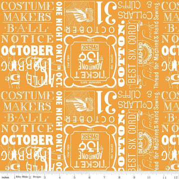 Image of the Costume Maker's Act II Ticket Text Orange quilting cotton fabric. Features text on an orange background. Cute Little Fabric Shop