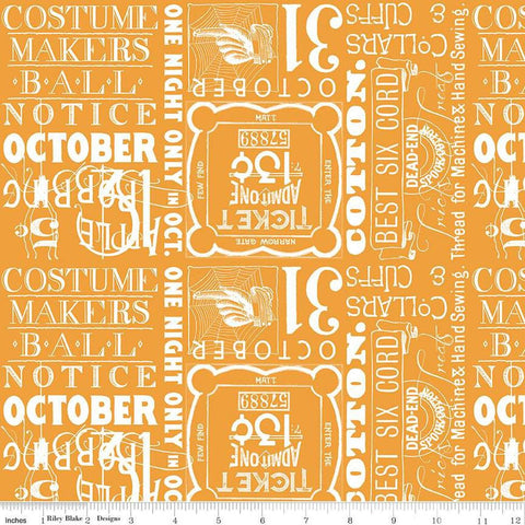 Image of the Costume Maker&#39;s Act II Ticket Text Orange quilting cotton fabric. Features text on an orange background. Cute Little Fabric Shop