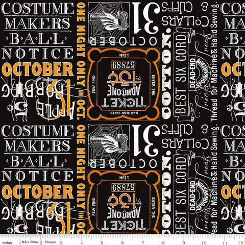 Image of the Costume Maker&#39;s Act II Ticket Text Black quilting cotton fabric. Features text on a black background. Cute Little Fabric Shop