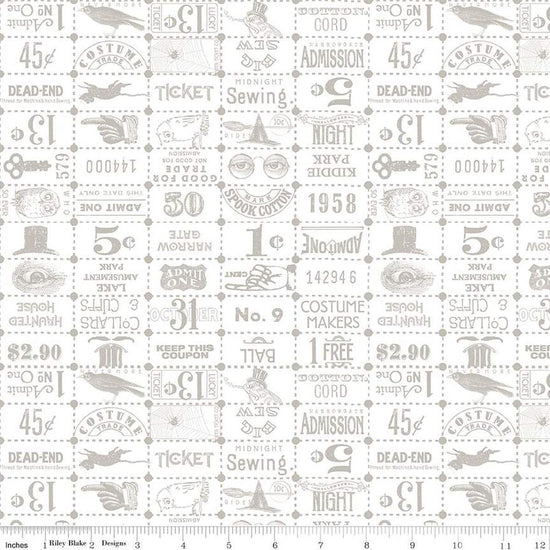 Image of the Costume Maker's Act II Ticket Grid White quilting cotton fabric. Features text on a white background. Cute Little Fabric Shop