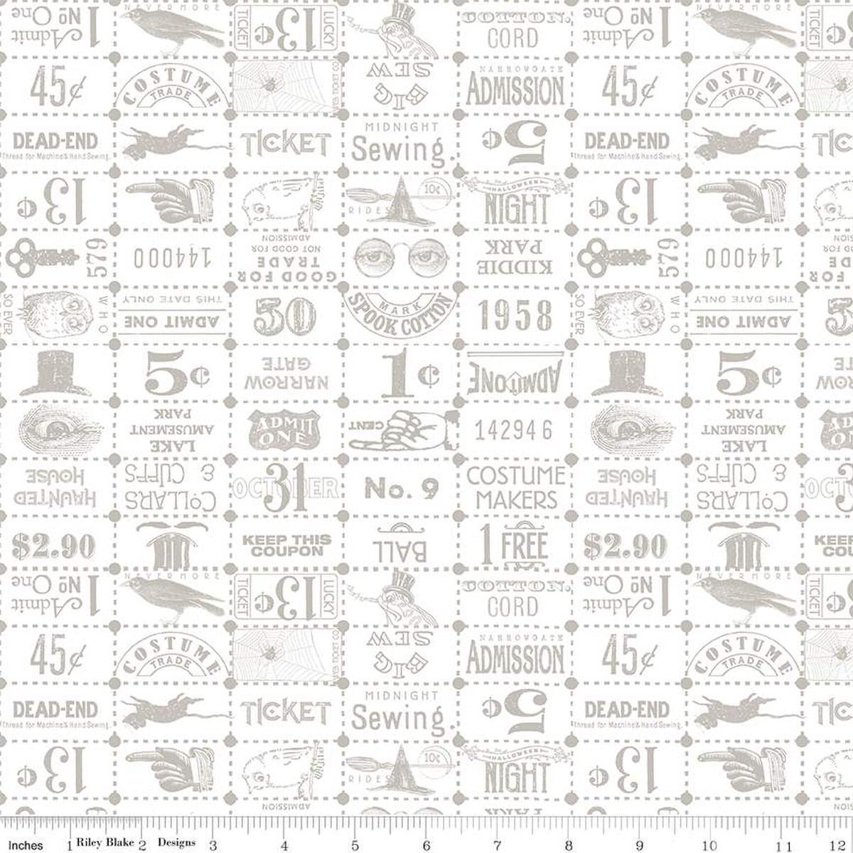 Image of the Costume Maker's Act II Ticket Grid White quilting cotton fabric. Features text on a white background. Cute Little Fabric Shop